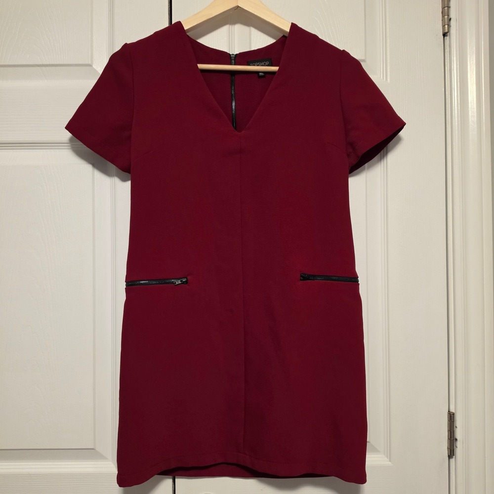 Topshop V-Neck Zipper Pocket Crepe Shift Dress Burgundy Red Size 4